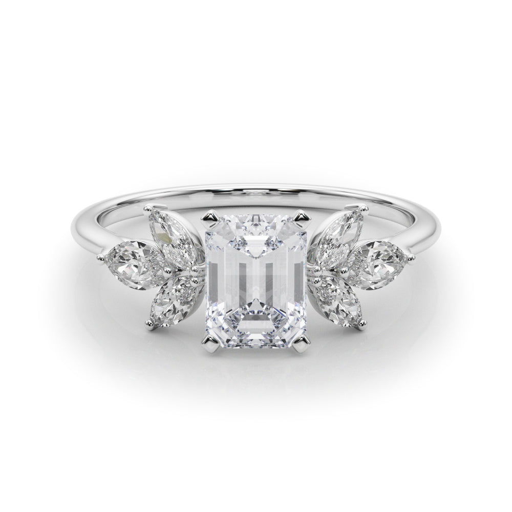 Platinum Emerald Diamond Floral Cluster Ring with Marquise Side Stones and Six-Prong Solitaire Setting