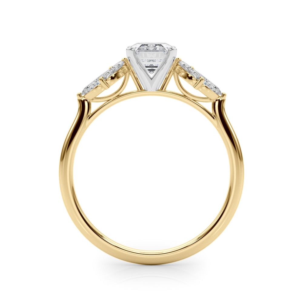 Yellow gold Emerald Diamond Floral Cluster Ring with Marquise Side Stones and Six-Prong Solitaire Setting