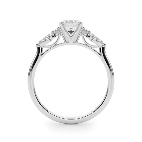 Platinum Emerald Diamond Floral Cluster Ring with Marquise Side Stones and Six-Prong Solitaire Setting