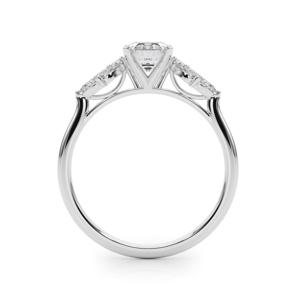 Silver Emerald Diamond Floral Cluster Ring with Marquise Side Stones and Six-Prong Solitaire Setting