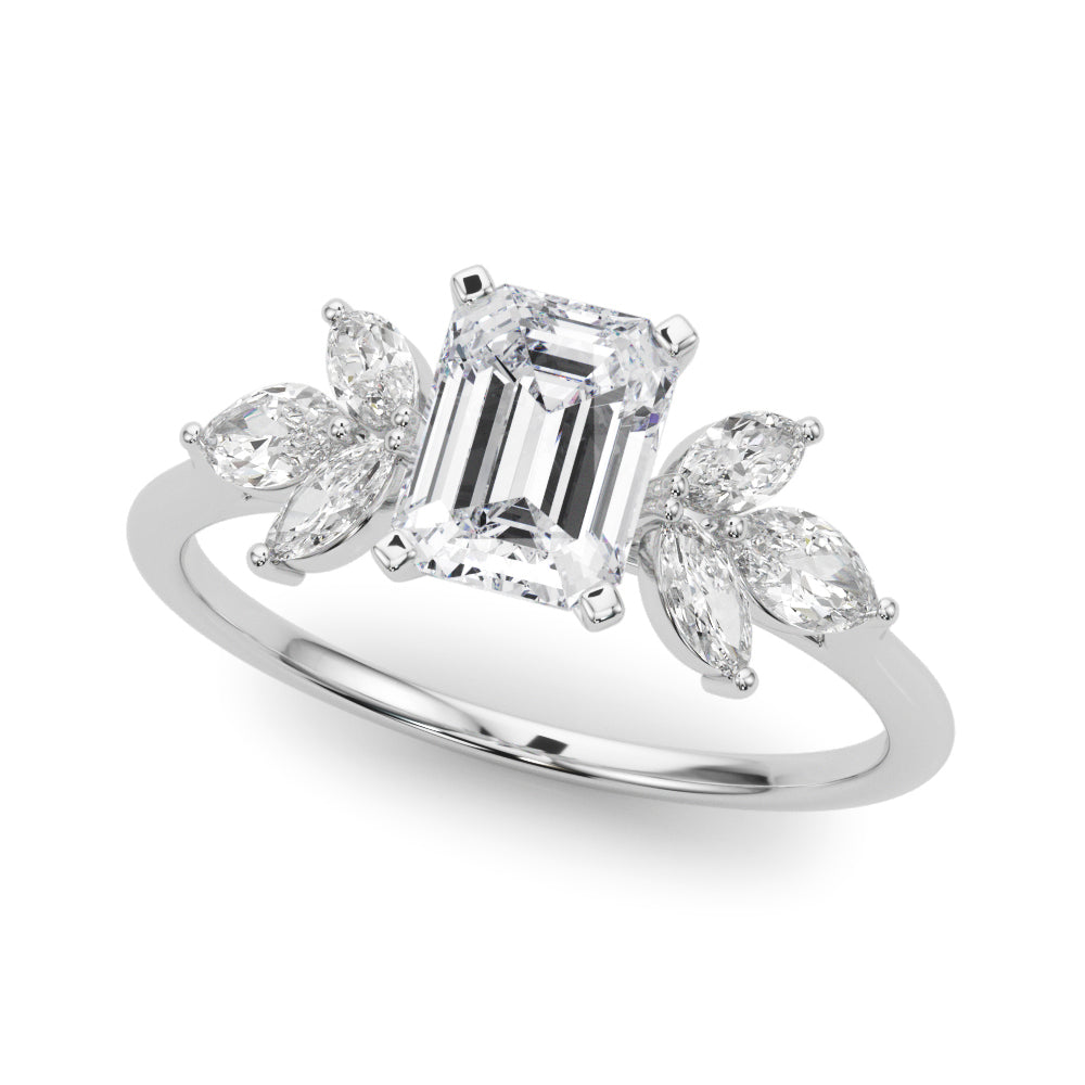 Silver Emerald Diamond Floral Cluster Ring with Marquise Side Stones and Six-Prong Solitaire Setting