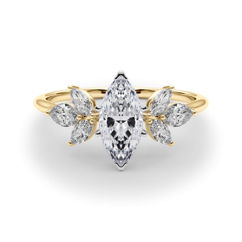 Yellow gold Marquise Diamond Floral Cluster Ring with Marquise Side Stones and Six-Prong Solitaire Setting