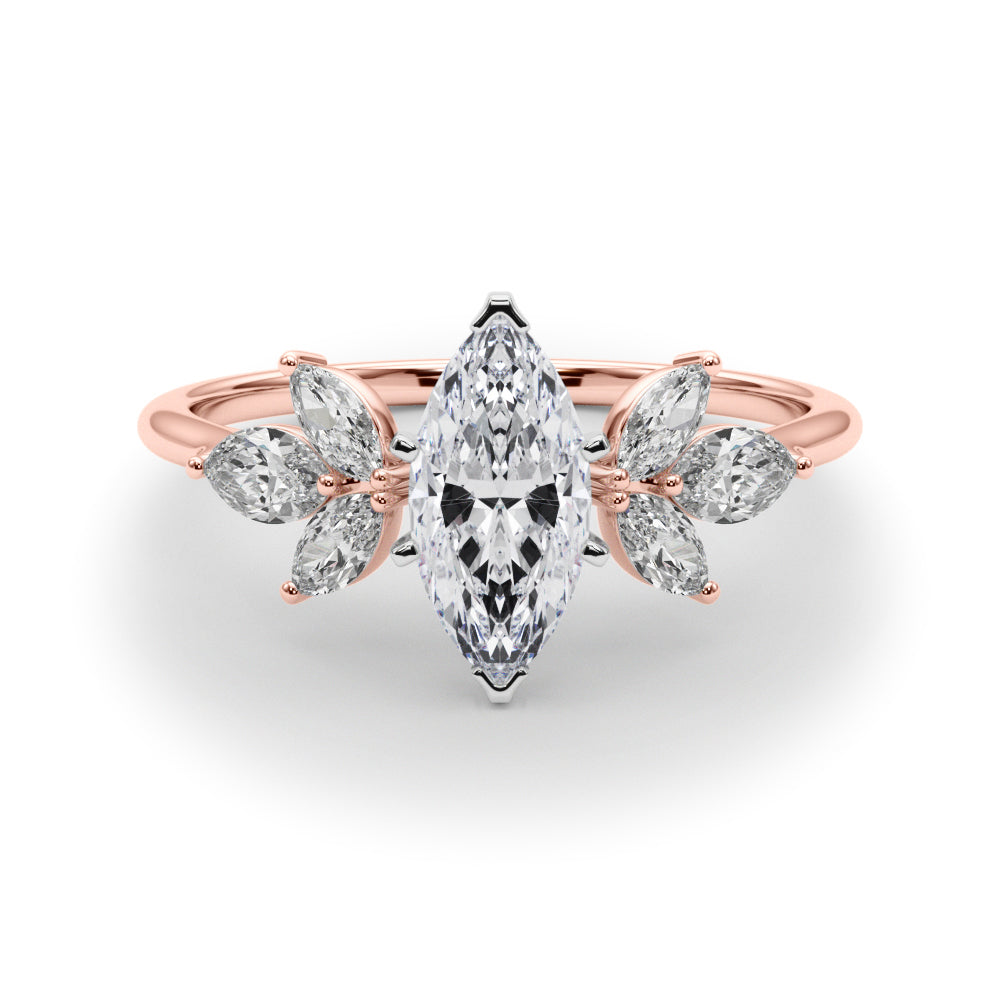 Rose gold Marquise Diamond Floral Cluster Ring with Marquise Side Stones and Six-Prong Solitaire Setting