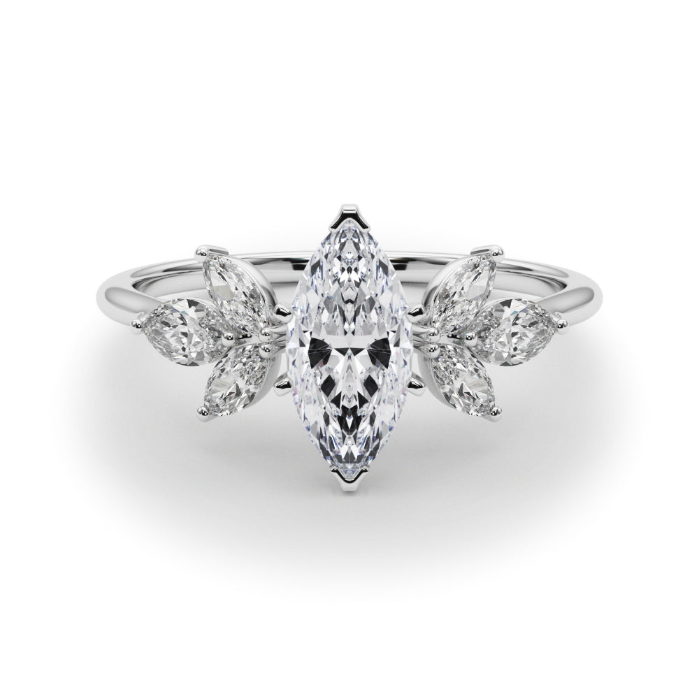 Platinum Marquise Diamond Floral Cluster Ring with Marquise Side Stones and Six-Prong Solitaire Setting