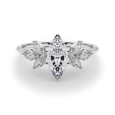Platinum Marquise Diamond Floral Cluster Ring with Marquise Side Stones and Six-Prong Solitaire Setting