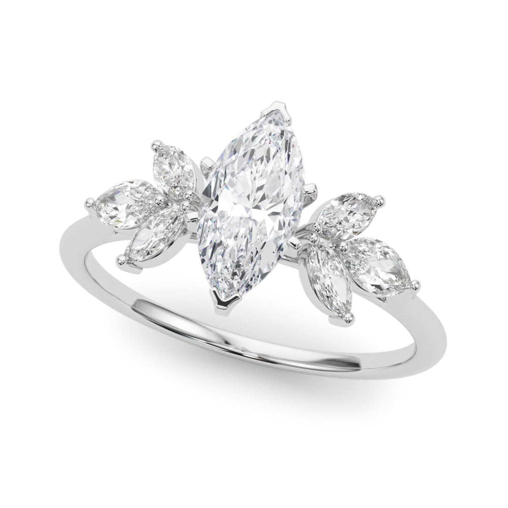 Platinum Marquise Diamond Floral Cluster Ring with Marquise Side Stones and Six-Prong Solitaire Setting