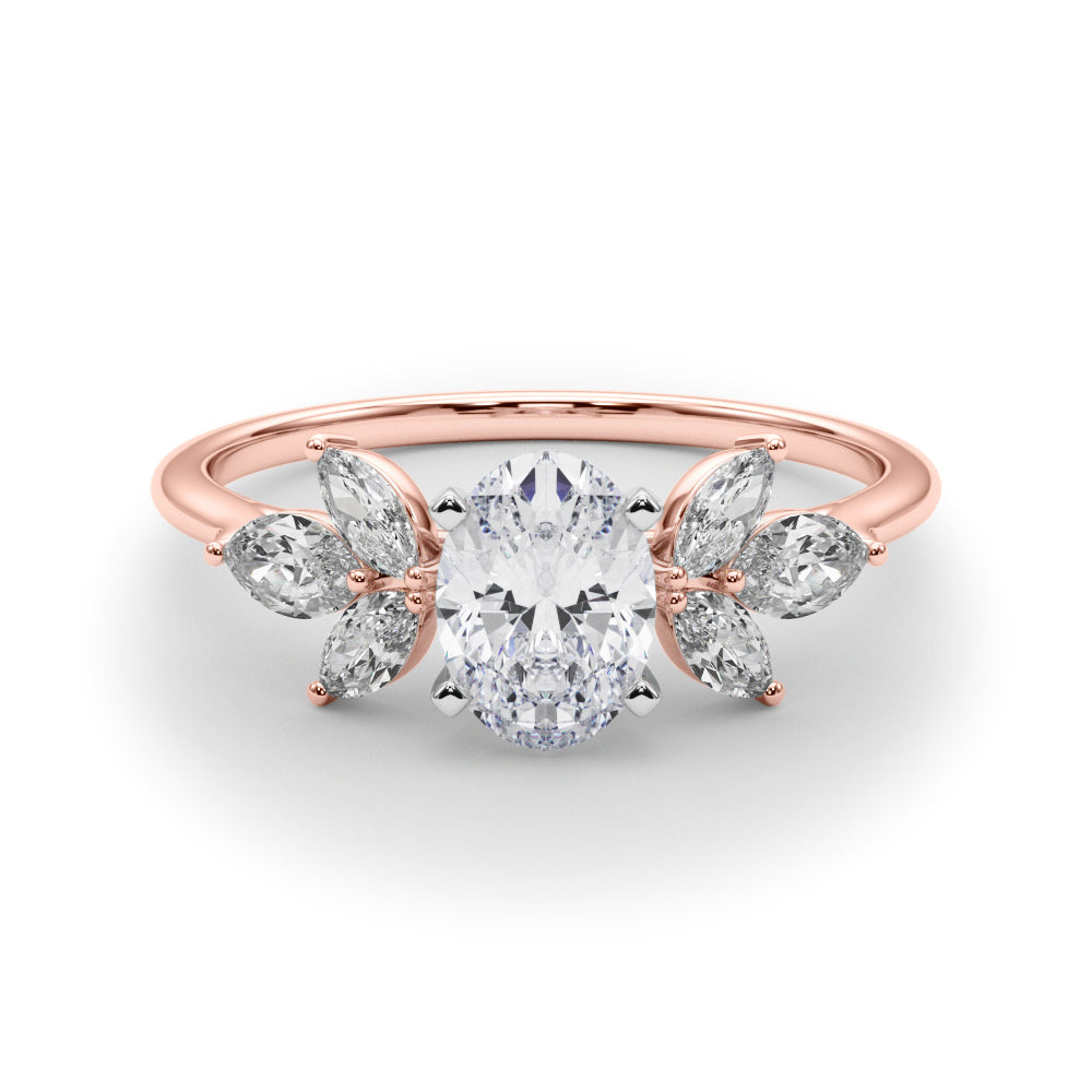 Rose gold Oval Diamond Floral Cluster Ring with Marquise Side Stones and Six-Prong Solitaire Setting