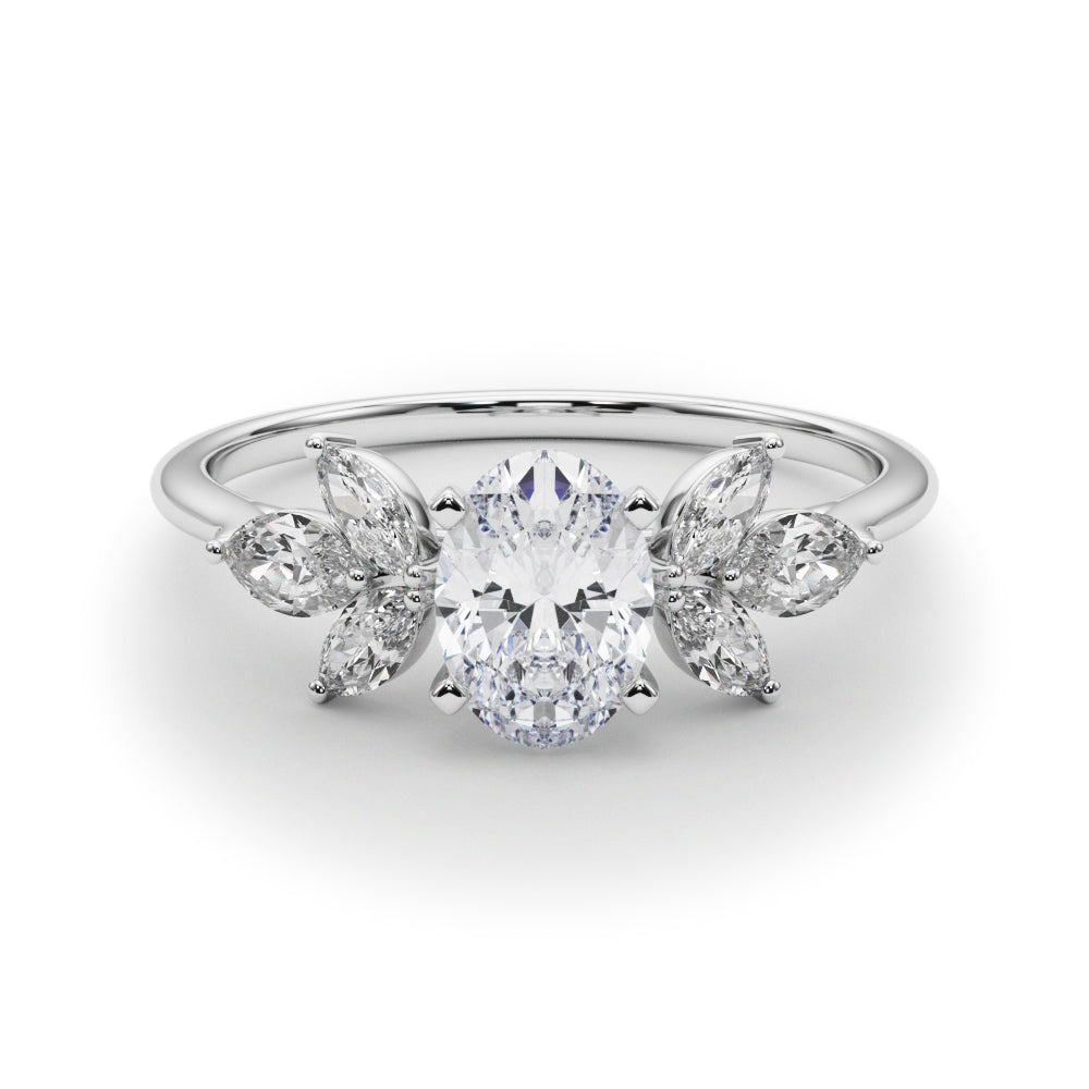 Platinum Oval Diamond Floral Cluster Ring with Marquise Side Stones and Six-Prong Solitaire Setting