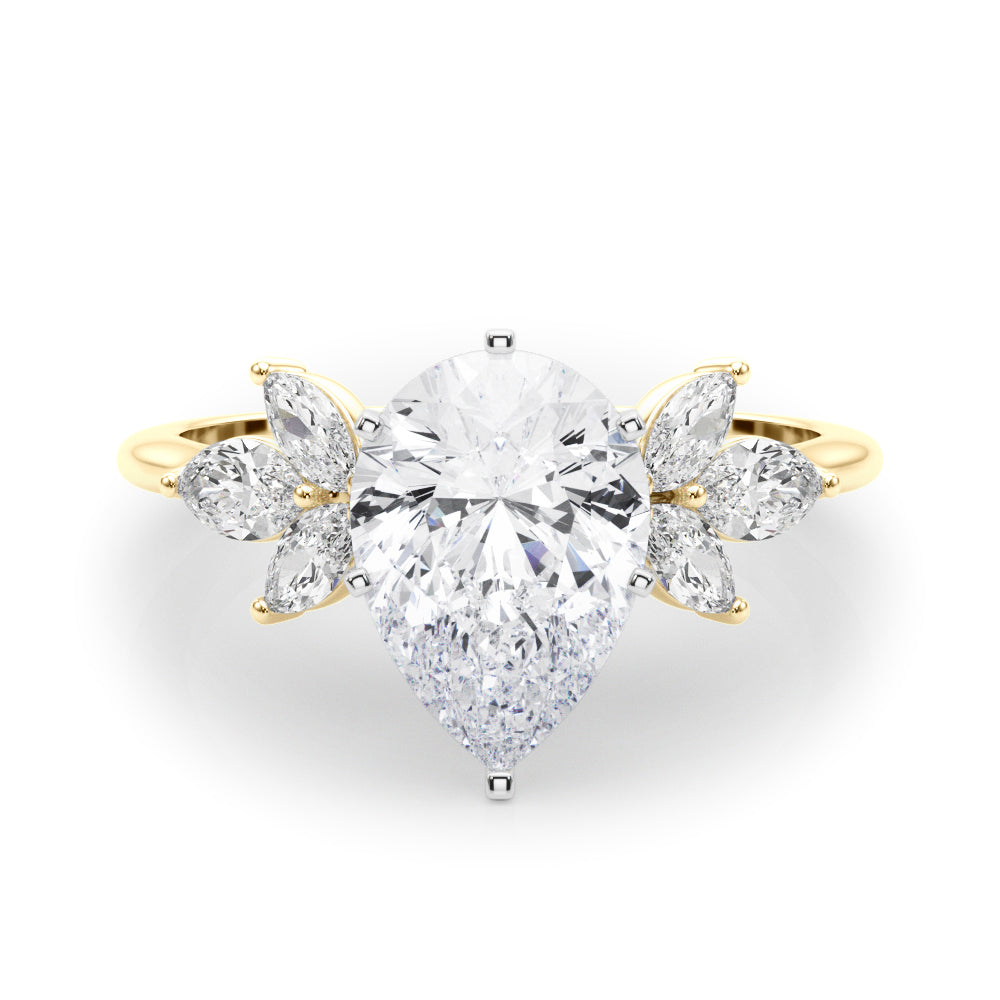 Yellow gold Pear Diamond Floral Cluster Ring with Marquise Side Stones and Six-Prong Solitaire Setting