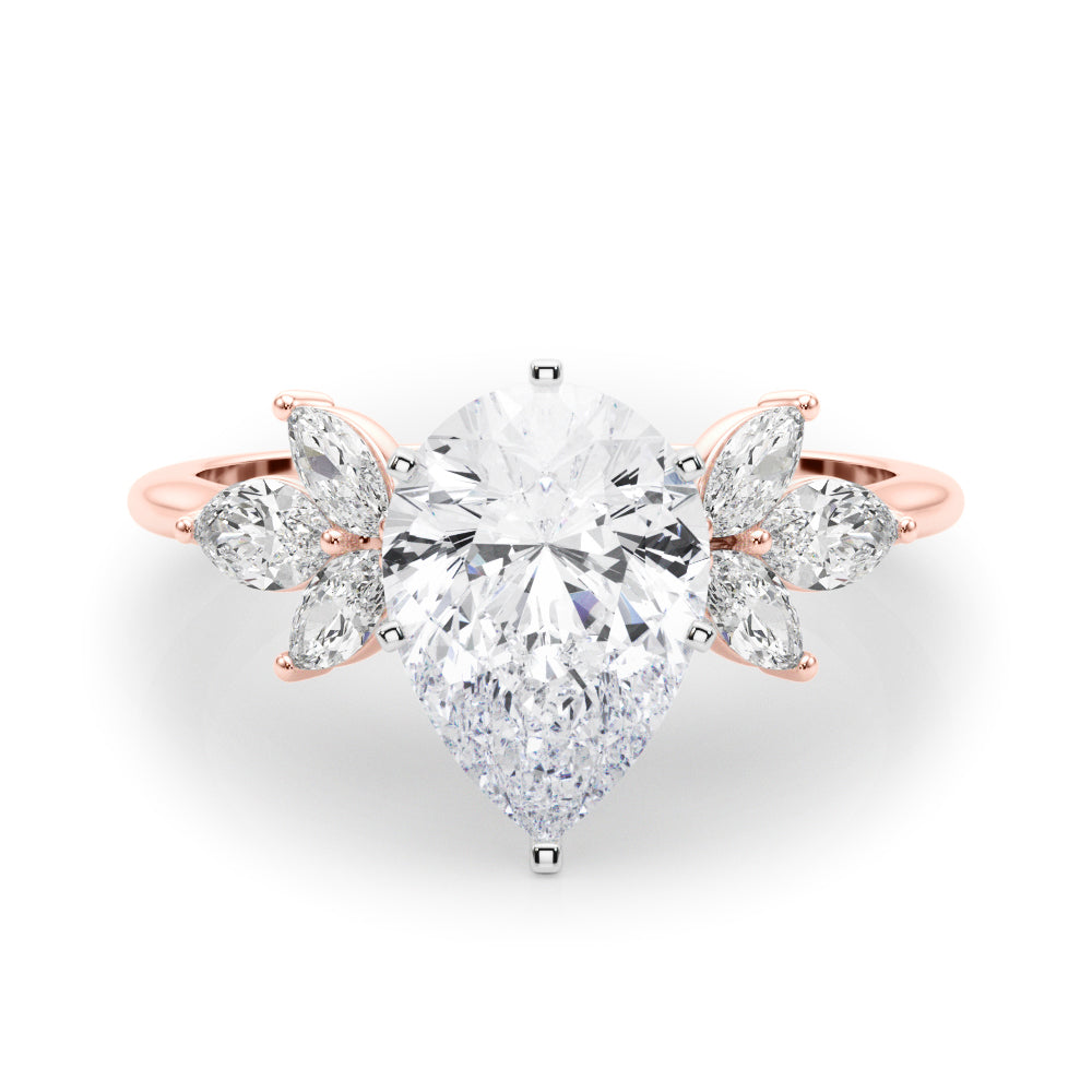 Rose gold Pear Diamond Floral Cluster Ring with Marquise Side Stones and Six-Prong Solitaire Setting