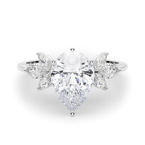 Silver Pear Diamond Floral Cluster Ring with Marquise Side Stones and Six-Prong Solitaire Setting
