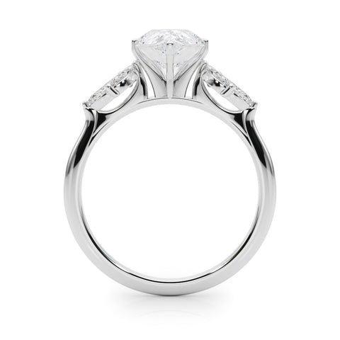 Silver Pear Diamond Floral Cluster Ring with Marquise Side Stones and Six-Prong Solitaire Setting