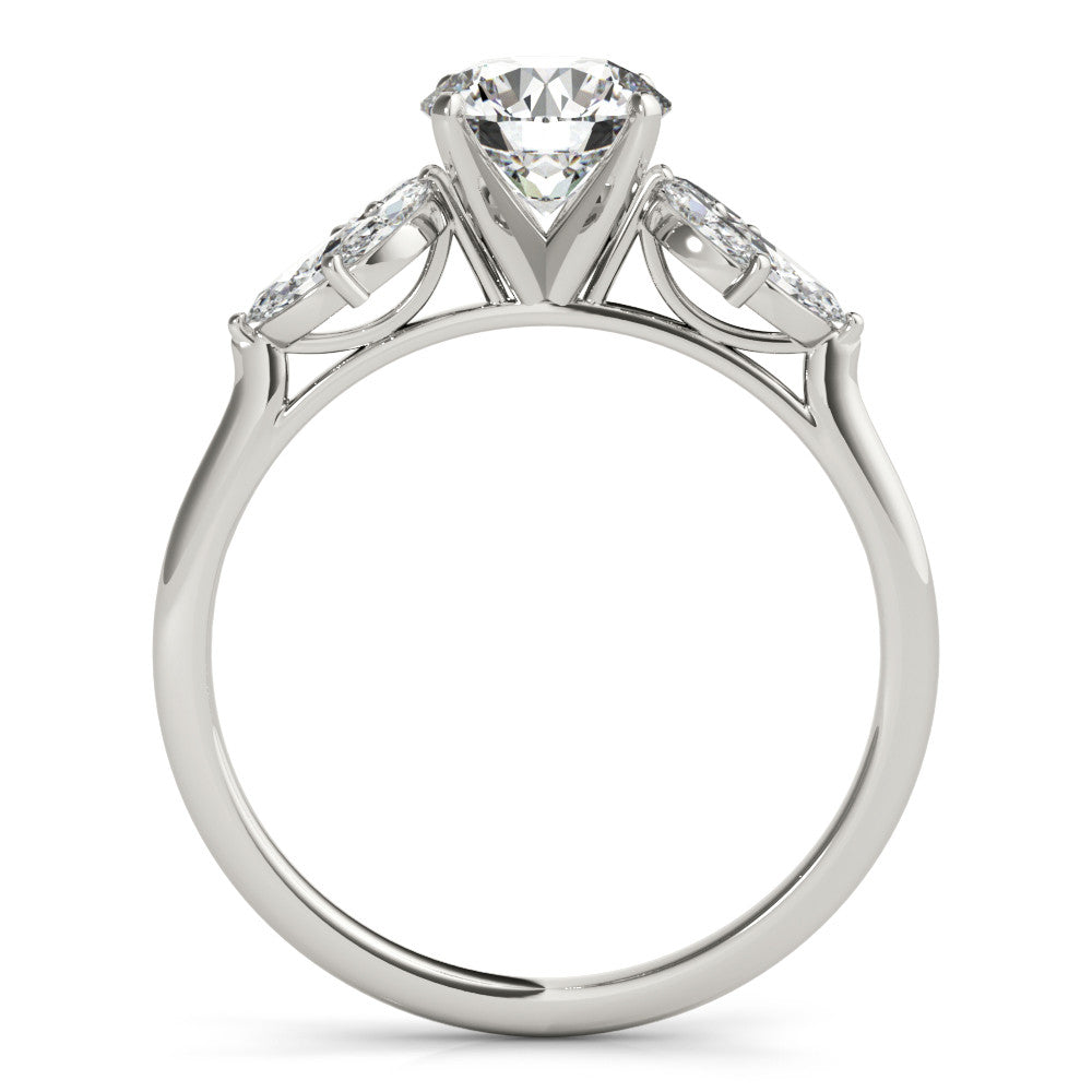 Platinum Round Diamond Floral Cluster Ring with Marquise Side Stones and Six-Prong Solitaire Setting