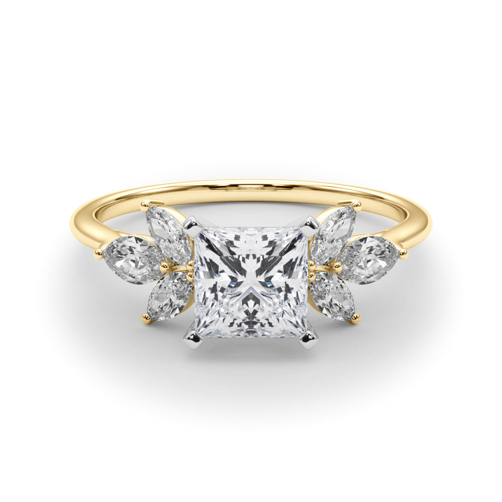 Yellow gold Princess Diamond Floral Cluster Ring with Marquise Side Stones and Six-Prong Solitaire Setting