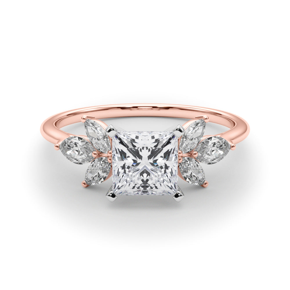 Rose gold Princess Diamond Floral Cluster Ring with Marquise Side Stones and Six-Prong Solitaire Setting