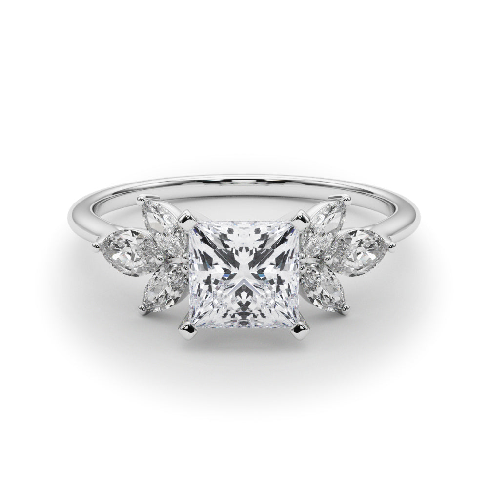 White gold Princess Diamond Floral Cluster Ring with Marquise Side Stones and Six-Prong Solitaire Setting