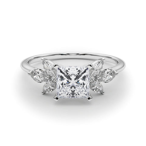 White gold Princess Diamond Floral Cluster Ring with Marquise Side Stones and Six-Prong Solitaire Setting