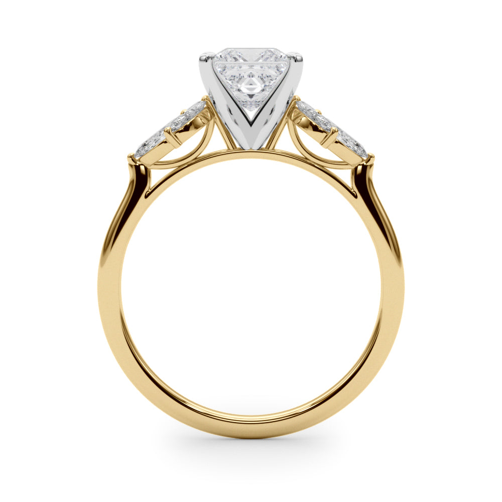 Yellow gold Princess Diamond Floral Cluster Ring with Marquise Side Stones and Six-Prong Solitaire Setting