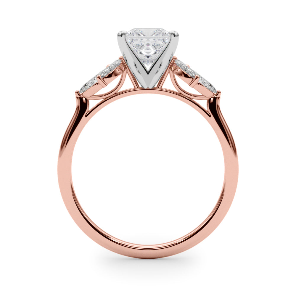 Rose gold Princess Diamond Floral Cluster Ring with Marquise Side Stones and Six-Prong Solitaire Setting