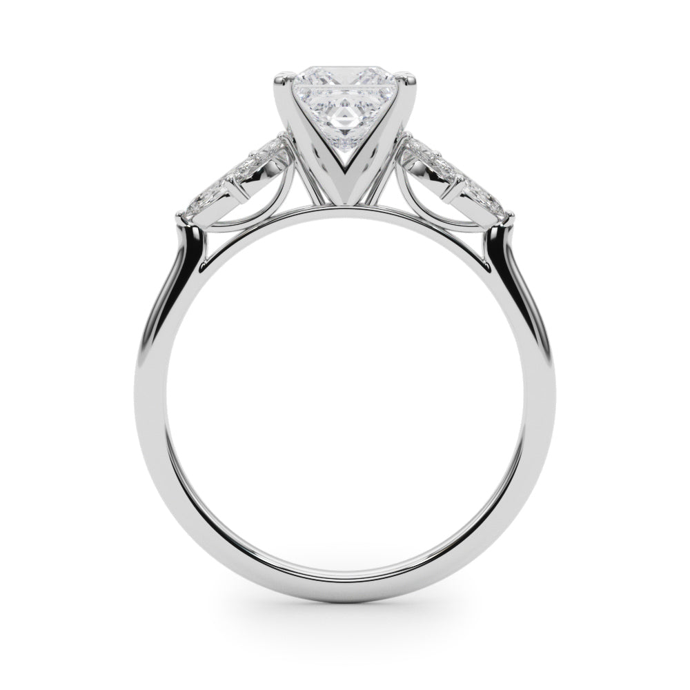 Platinum Princess Diamond Floral Cluster Ring with Marquise Side Stones and Six-Prong Solitaire Setting