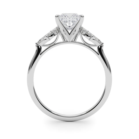 Silver Princess Diamond Floral Cluster Ring with Marquise Side Stones and Six-Prong Solitaire Setting