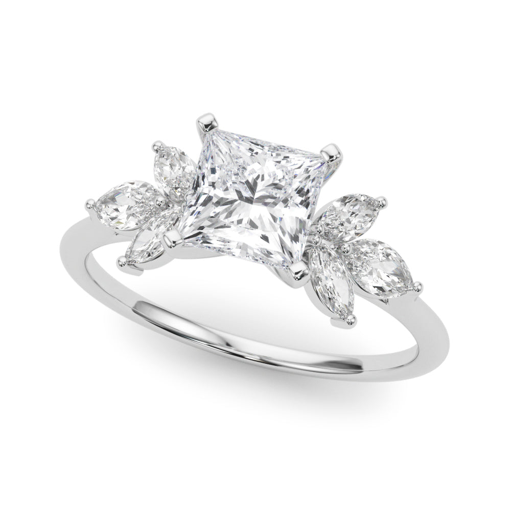 Platinum Princess Diamond Floral Cluster Ring with Marquise Side Stones and Six-Prong Solitaire Setting