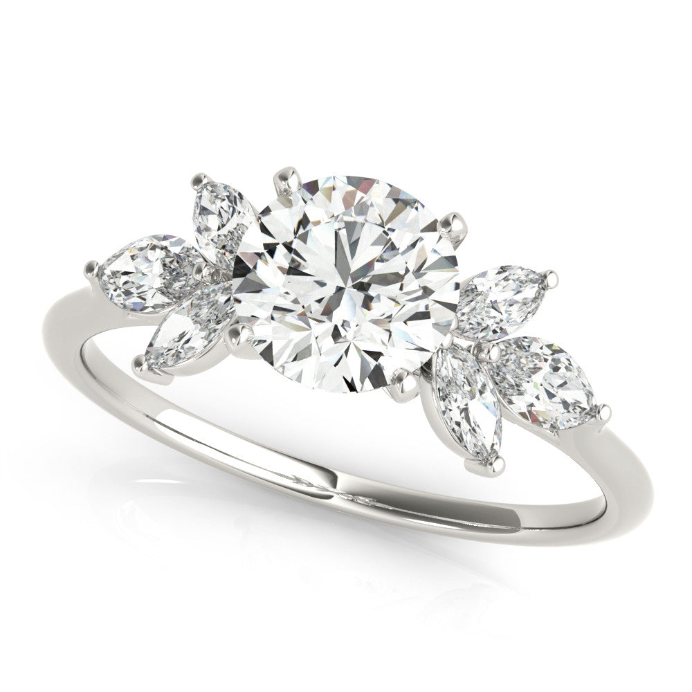 Silver Round Diamond Floral Cluster Ring with Marquise Side Stones and Six-Prong Solitaire Setting