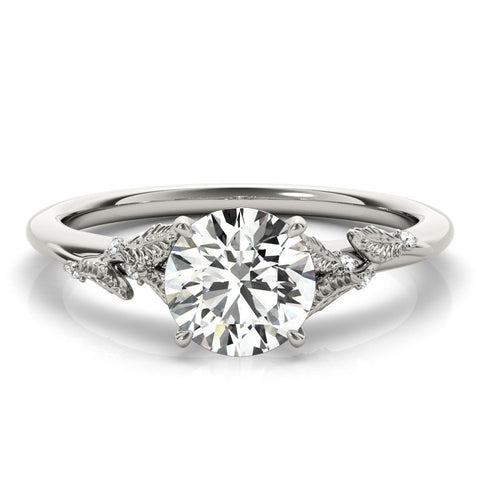 Platinum Round Brilliant Solitaire with Leaf Motif Band and Four-Prong Setting