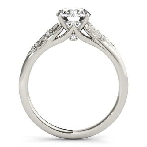 White gold Round Brilliant Solitaire with Leaf Motif Band and Four-Prong Setting