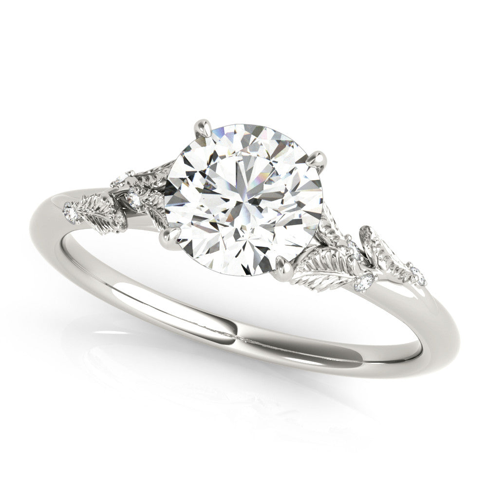 White gold Round Brilliant Solitaire with Leaf Motif Band and Four-Prong Setting