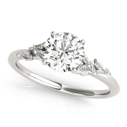 White gold Round Brilliant Solitaire with Leaf Motif Band and Four-Prong Setting