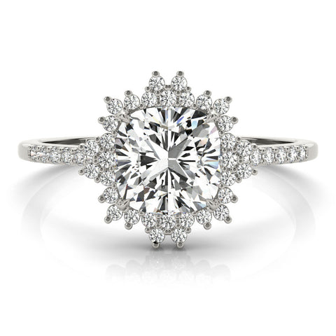 Platinum Cushion Cut Halo Diamond Ring with Pave Band and Four-Prong Setting
