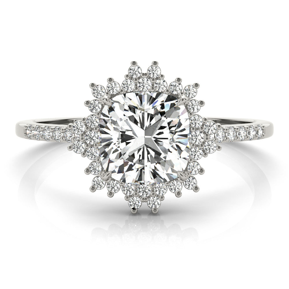 Platinum Cushion Cut Halo Diamond Ring with Pave Band and Four-Prong Setting