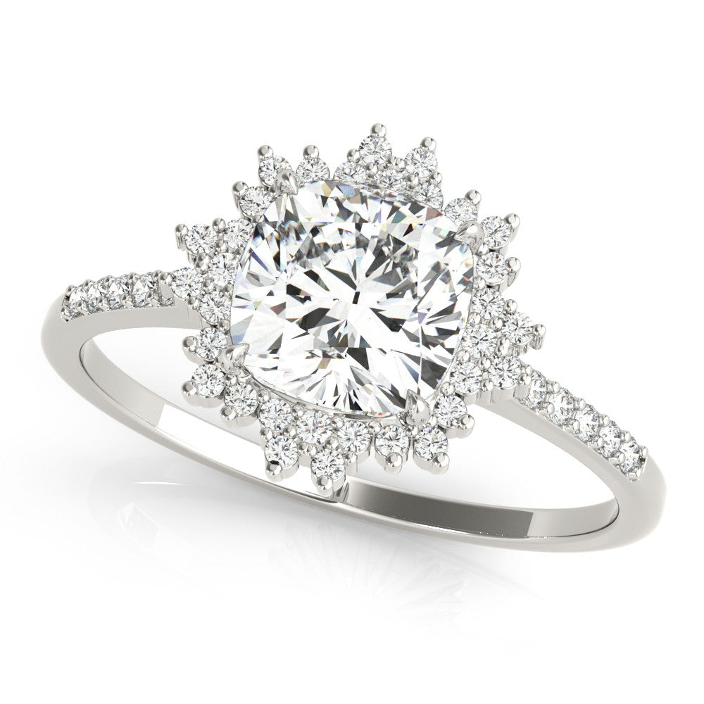 Silver Cushion Cut Halo Diamond Ring with Pave Band and Four-Prong Setting