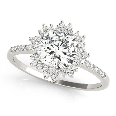 Silver Cushion Cut Halo Diamond Ring with Pave Band and Four-Prong Setting