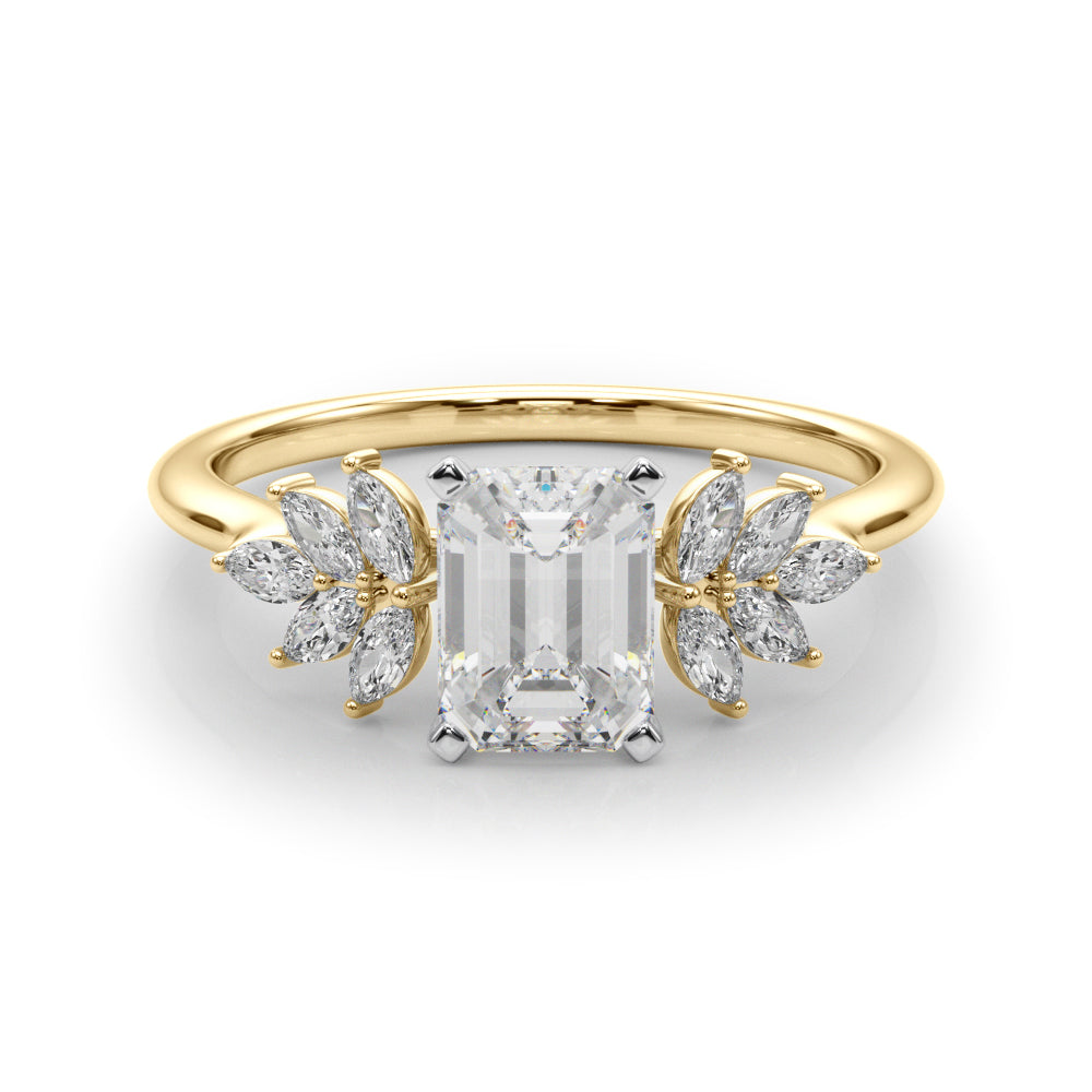 Yellow gold Radiant Diamond Floral Side Stone Solitaire with Marquise Accents and Four-Prong Setting
