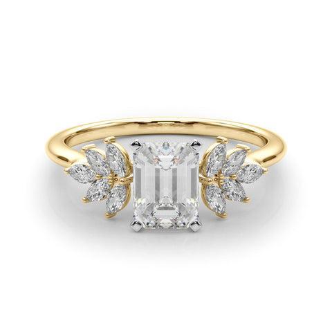 Yellow gold Radiant Diamond Floral Side Stone Solitaire with Marquise Accents and Four-Prong Setting