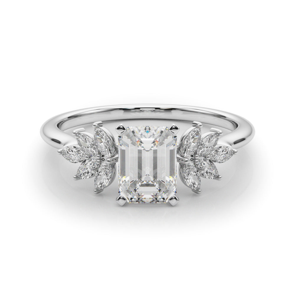 White gold Radiant Diamond Floral Side Stone Solitaire with Marquise Accents and Four-Prong Setting