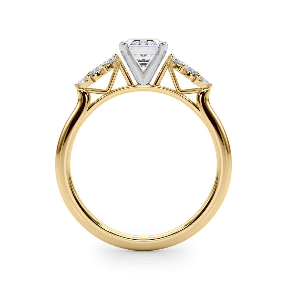 Yellow gold Radiant Diamond Floral Side Stone Solitaire with Marquise Accents and Four-Prong Setting