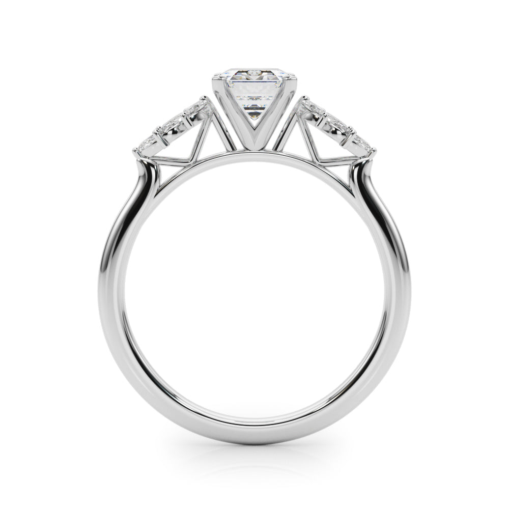 Silver Emerald Diamond Floral Side Stone Solitaire with Marquise Accents and Four-Prong Setting