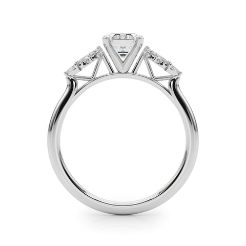 Platinum Emerald Diamond Floral Side Stone Solitaire with Marquise Accents and Four-Prong Setting