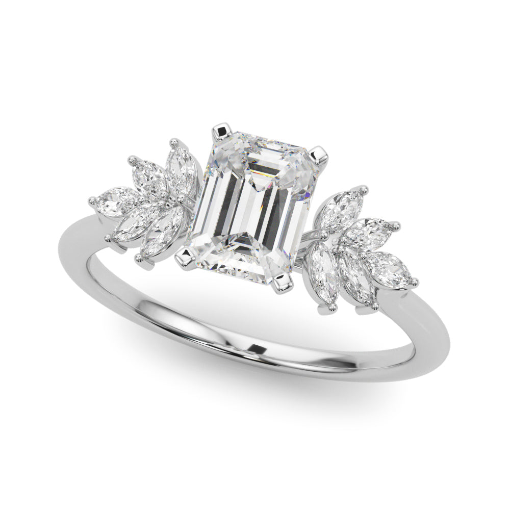 Platinum Emerald Diamond Floral Side Stone Solitaire with Marquise Accents and Four-Prong Setting