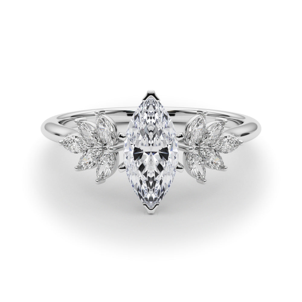 Platinum Marquise Diamond Floral Side Stone Solitaire with Marquise Accents and Four-Prong Setting