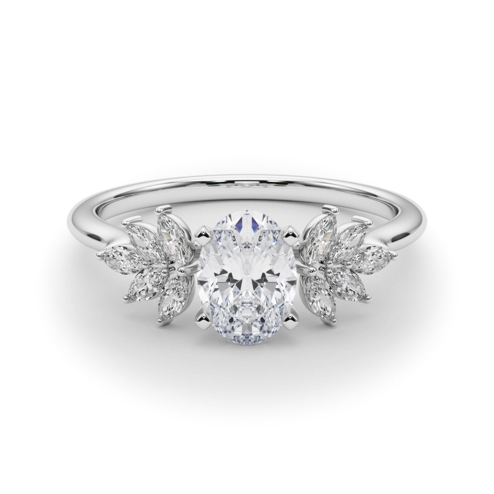 Platinum Oval Diamond Floral Side Stone Solitaire with Marquise Accents and Four-Prong Setting
