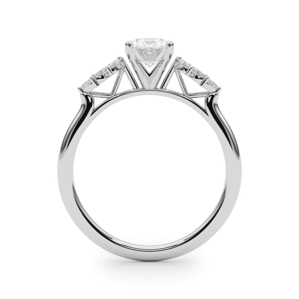 Platinum Oval Diamond Floral Side Stone Solitaire with Marquise Accents and Four-Prong Setting