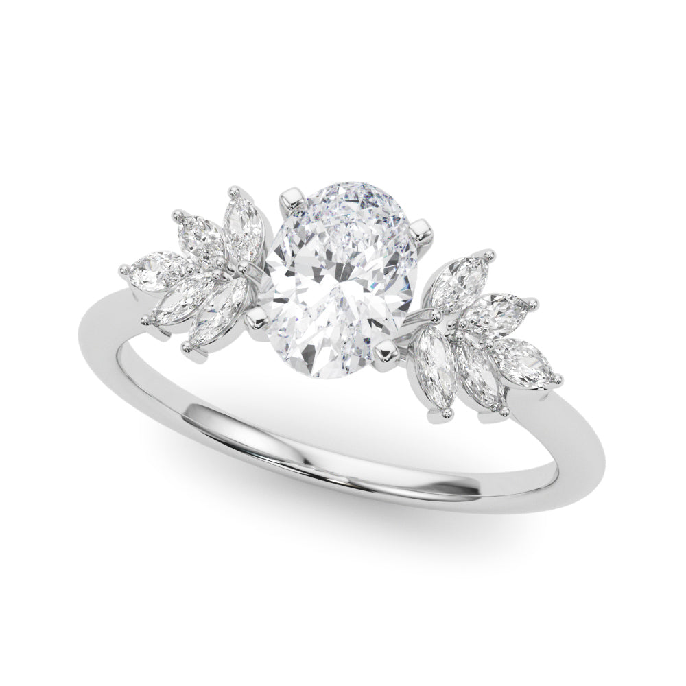Platinum Oval Diamond Floral Side Stone Solitaire with Marquise Accents and Four-Prong Setting
