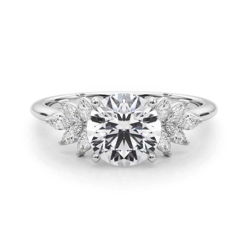 Platinum Round Diamond Floral Side Stone Solitaire with Marquise Accents and Four-Prong Setting