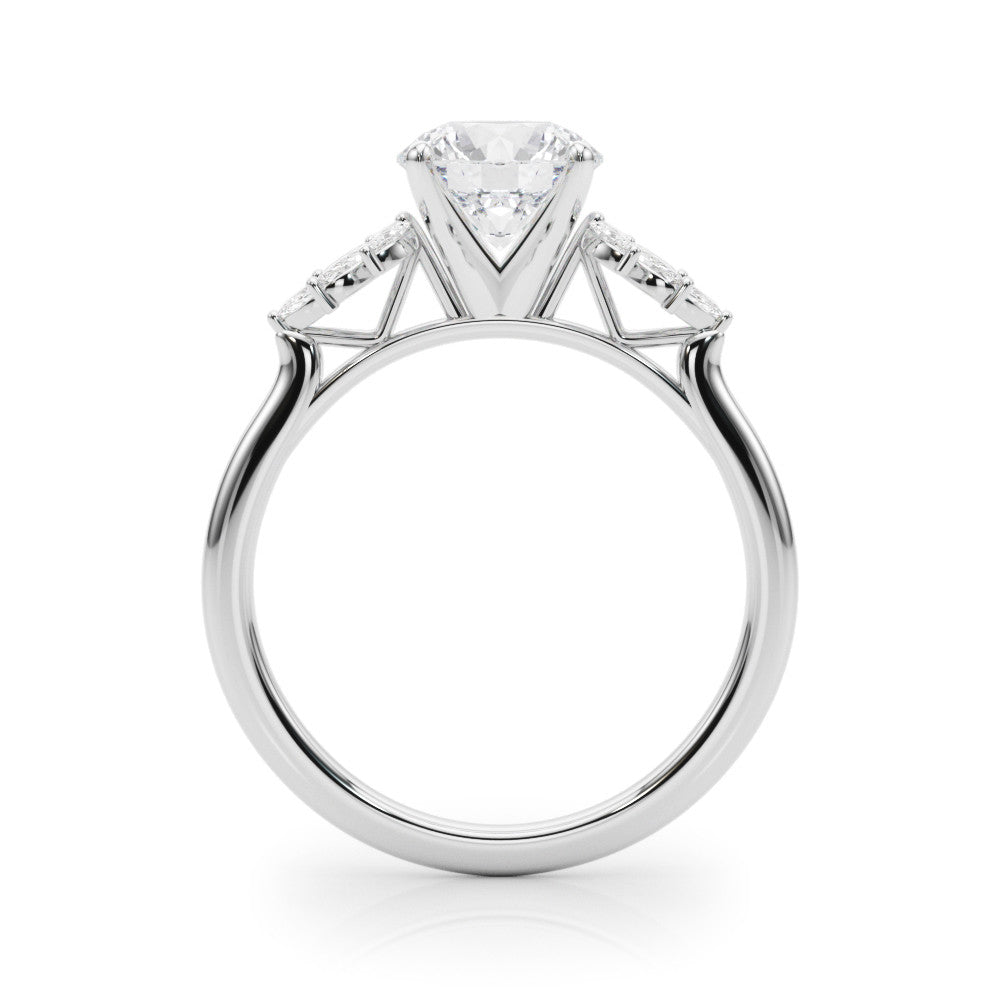 Silver Round Diamond Floral Side Stone Solitaire with Marquise Accents and Four-Prong Setting
