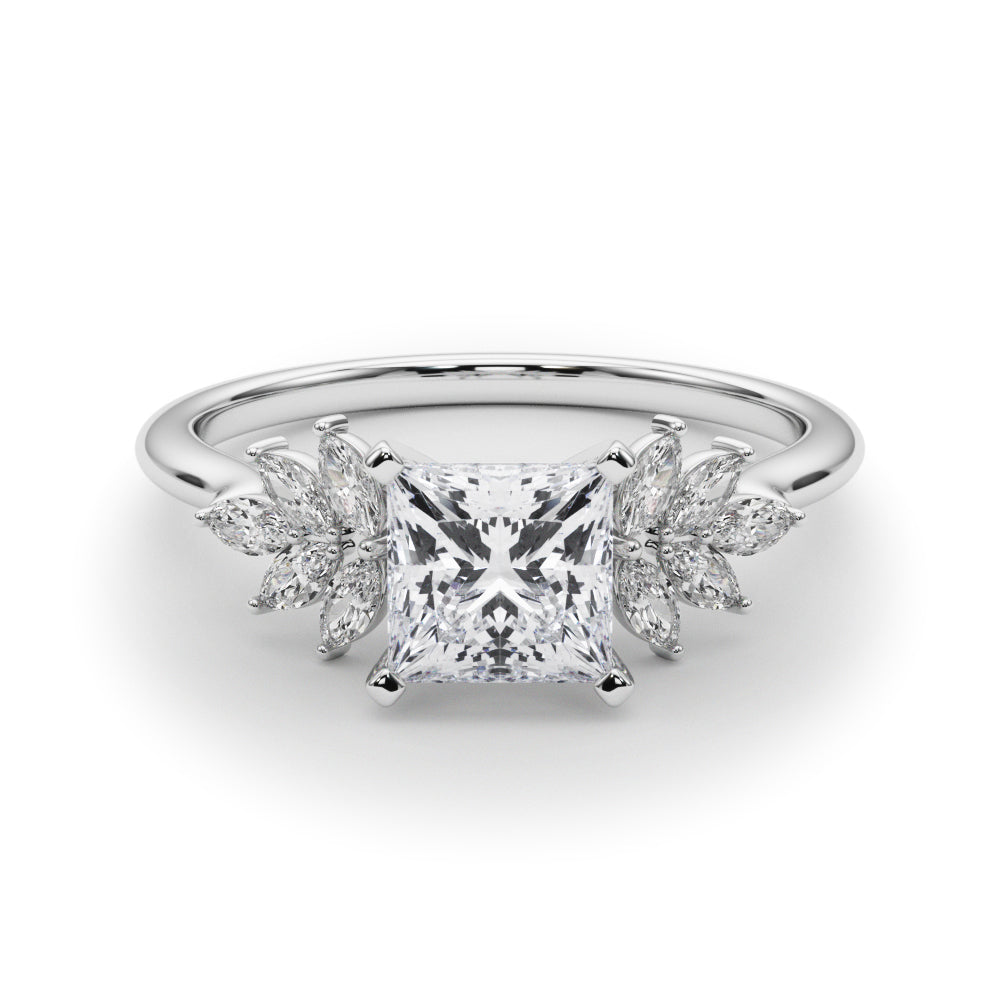 Platinum Princess Diamond Floral Side Stone Solitaire with Marquise Accents and Four-Prong Setting