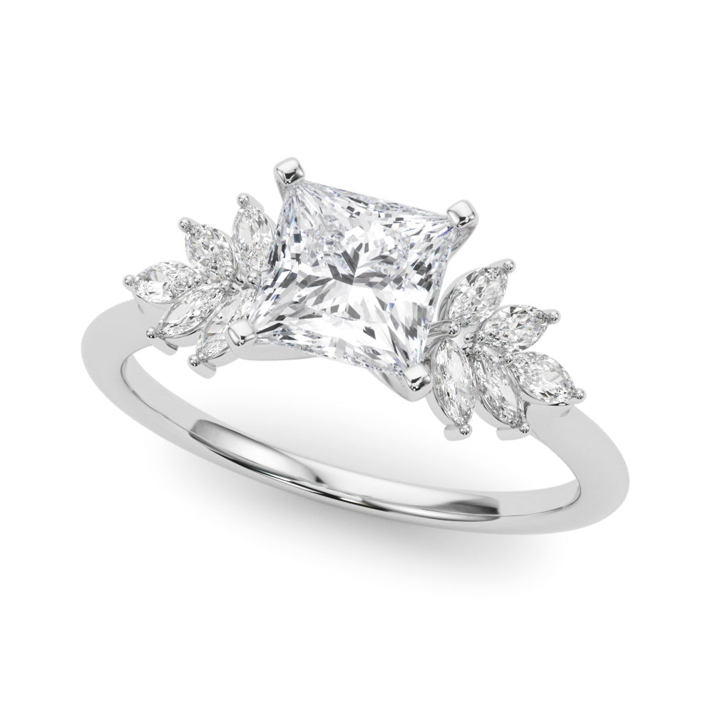 Platinum Princess Diamond Floral Side Stone Solitaire with Marquise Accents and Four-Prong Setting